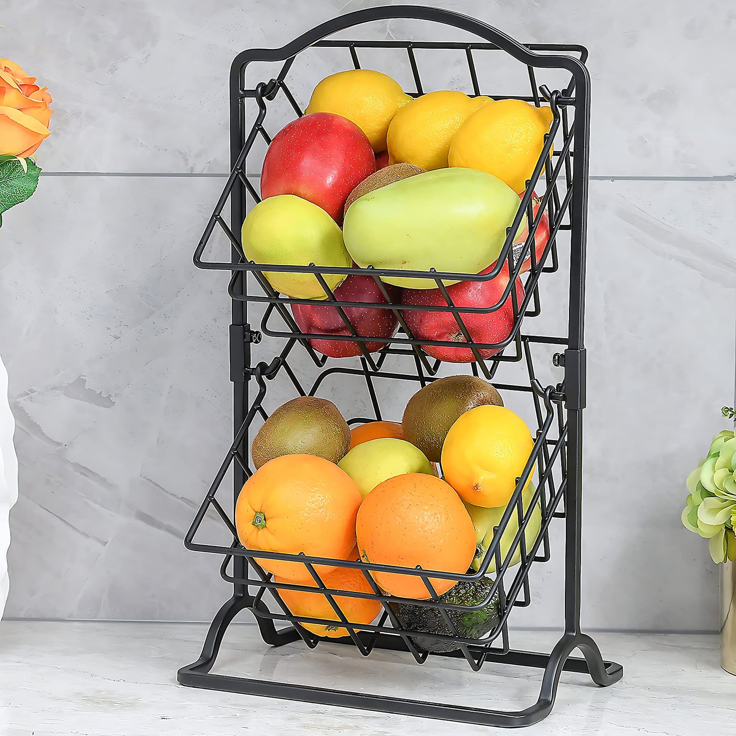 2-tier matte black iron fruit basket in kitchen