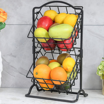 2-tier matte black iron fruit basket in kitchen