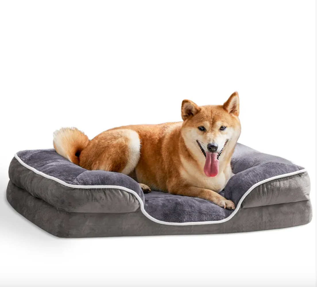 Memory foam pet bed grey plush surface flat view