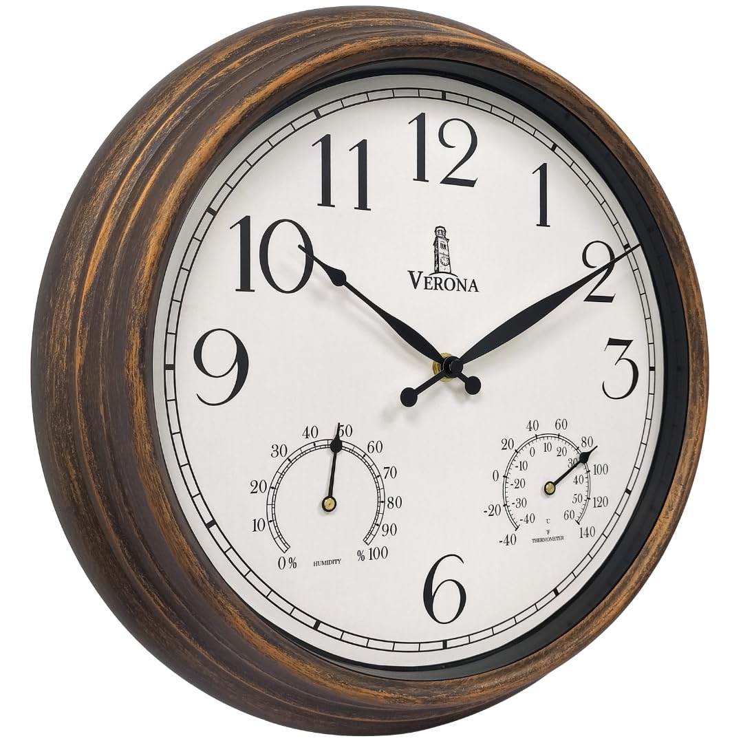 Outdoor patio clock showing temperature and humidity
