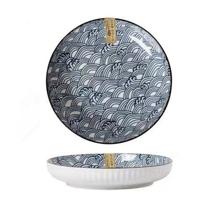 Japanese ceramic bowls and plates stacked detail