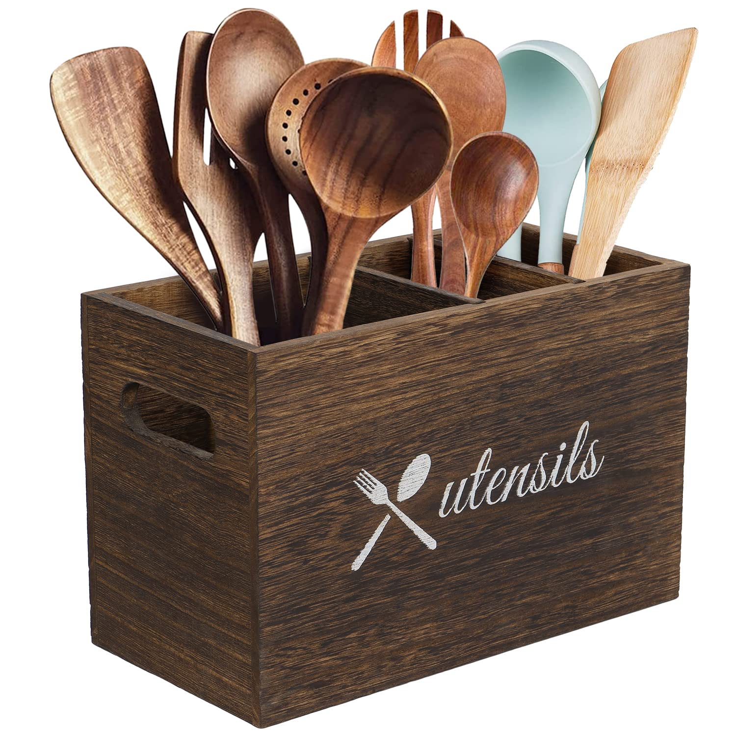 Wooden kitchen utensil holder with dividers on countertop