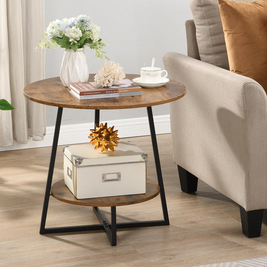 Modern round side table rustic brown with black metal legs