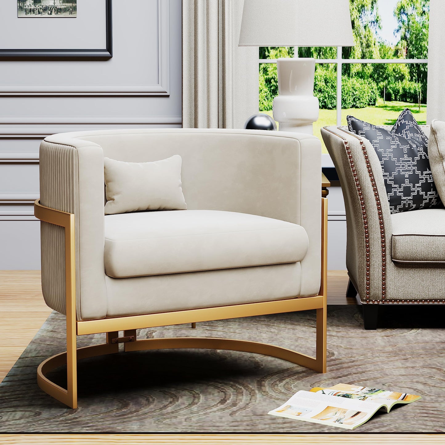 Velvet barrel chair with gold legs in living room
