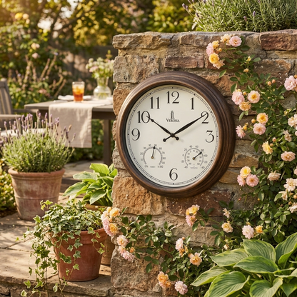 Outdoor Patio Wall Clock with Thermometer and Humidity Gauge - garden setting