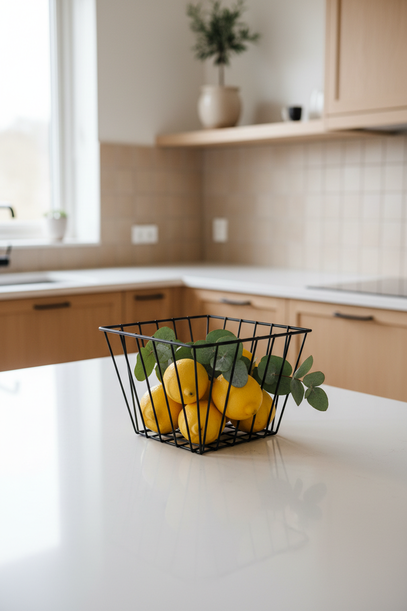 Matte black wire fruit basket on kitchen counter with fresh2-Tier Iron Fruit Basket — Matte Black lemons lifestyle photo